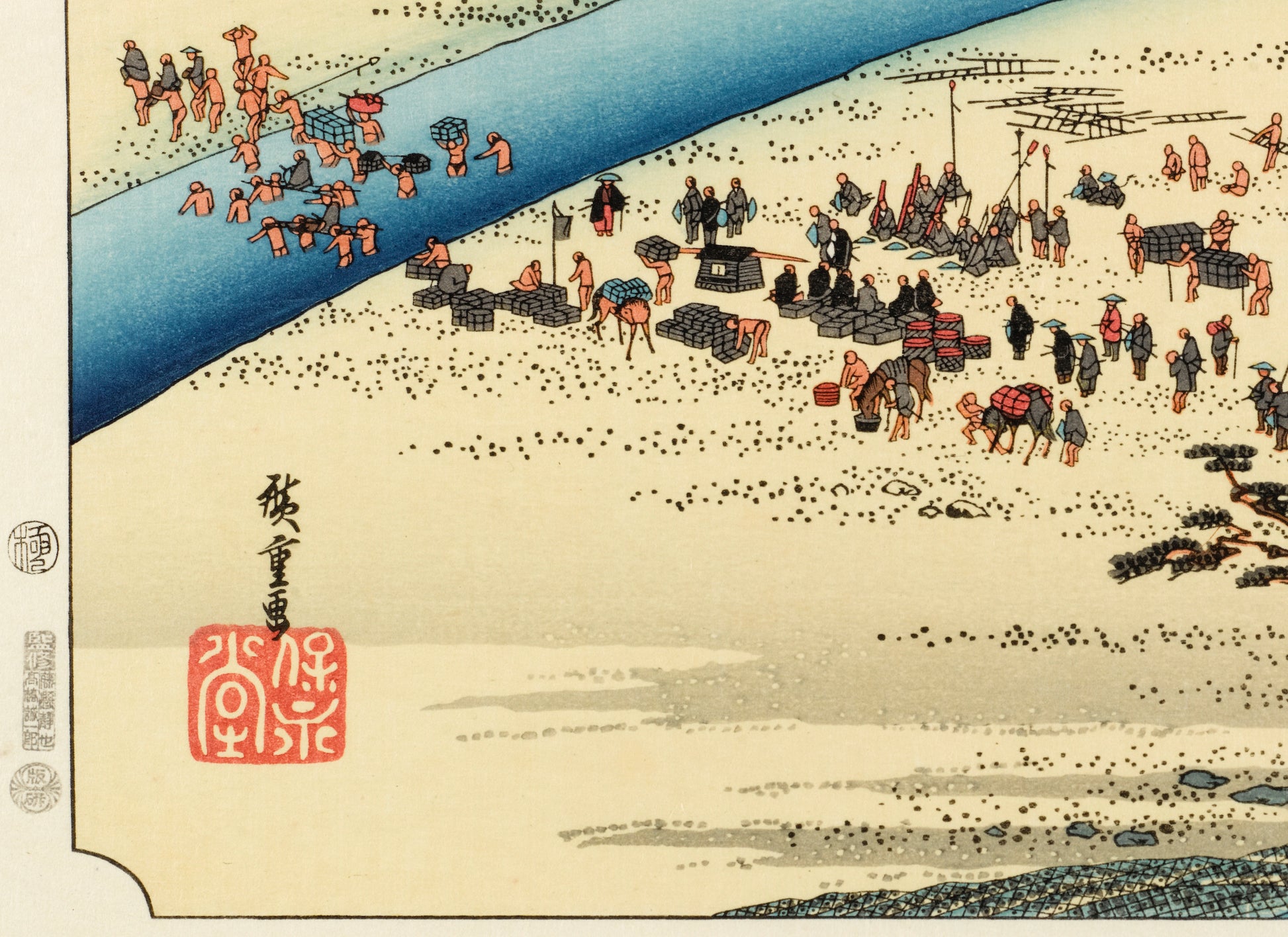 estampe japonaise de Hiroshige, des personnes traversent la rivière à pied