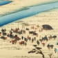 estampe japonaise de Hiroshige, des personnes se préparent pour traverser la rivière à pied