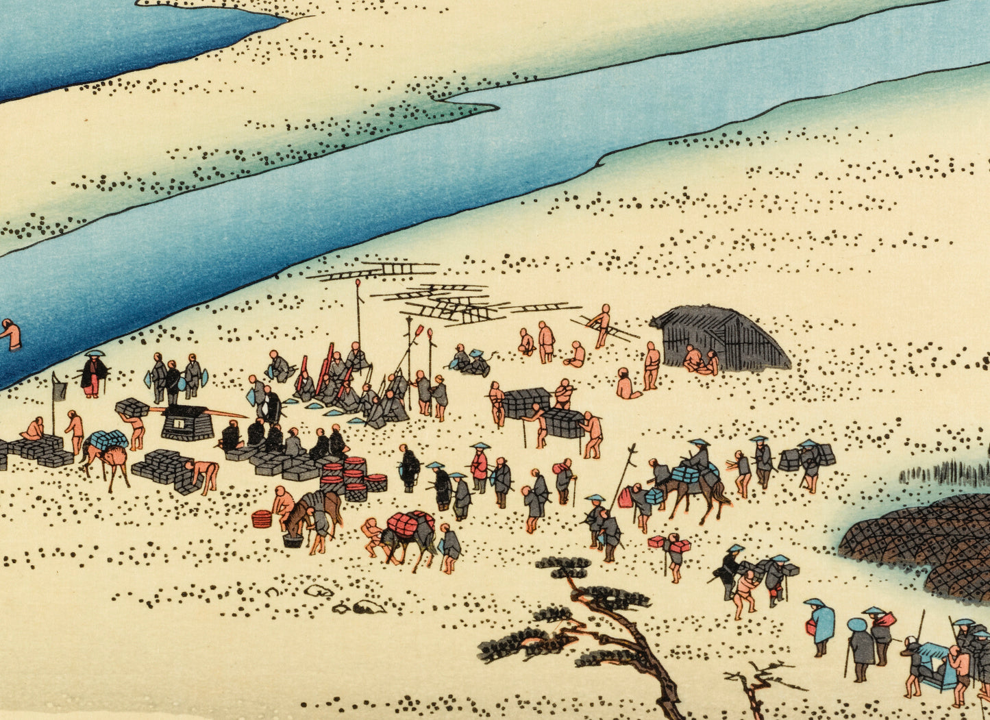 estampe japonaise de Hiroshige, des personnes se préparent pour traverser la rivière à pied