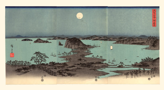 Estampe Japonaise triptyque d'un paysage de bateau sur la  mer, la nuit un soir de pleine lune
