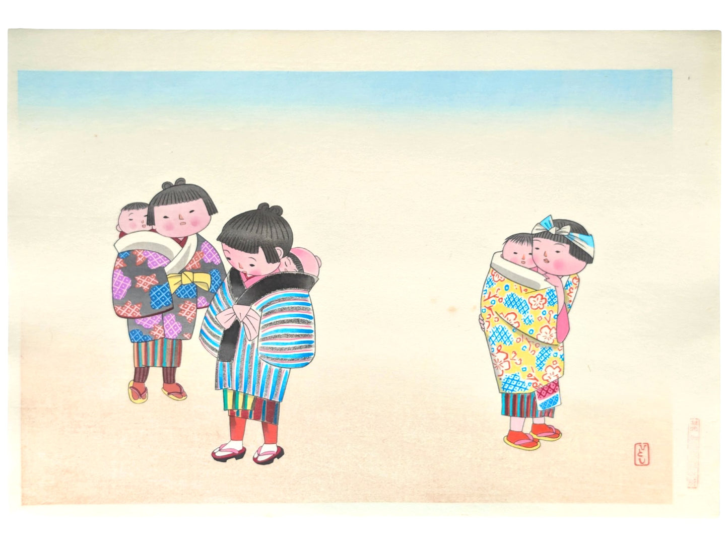 Estampe japonaise de Kiyohara Hitoshi représentant trois fillettes en kimono portant des bébés sur le dos 