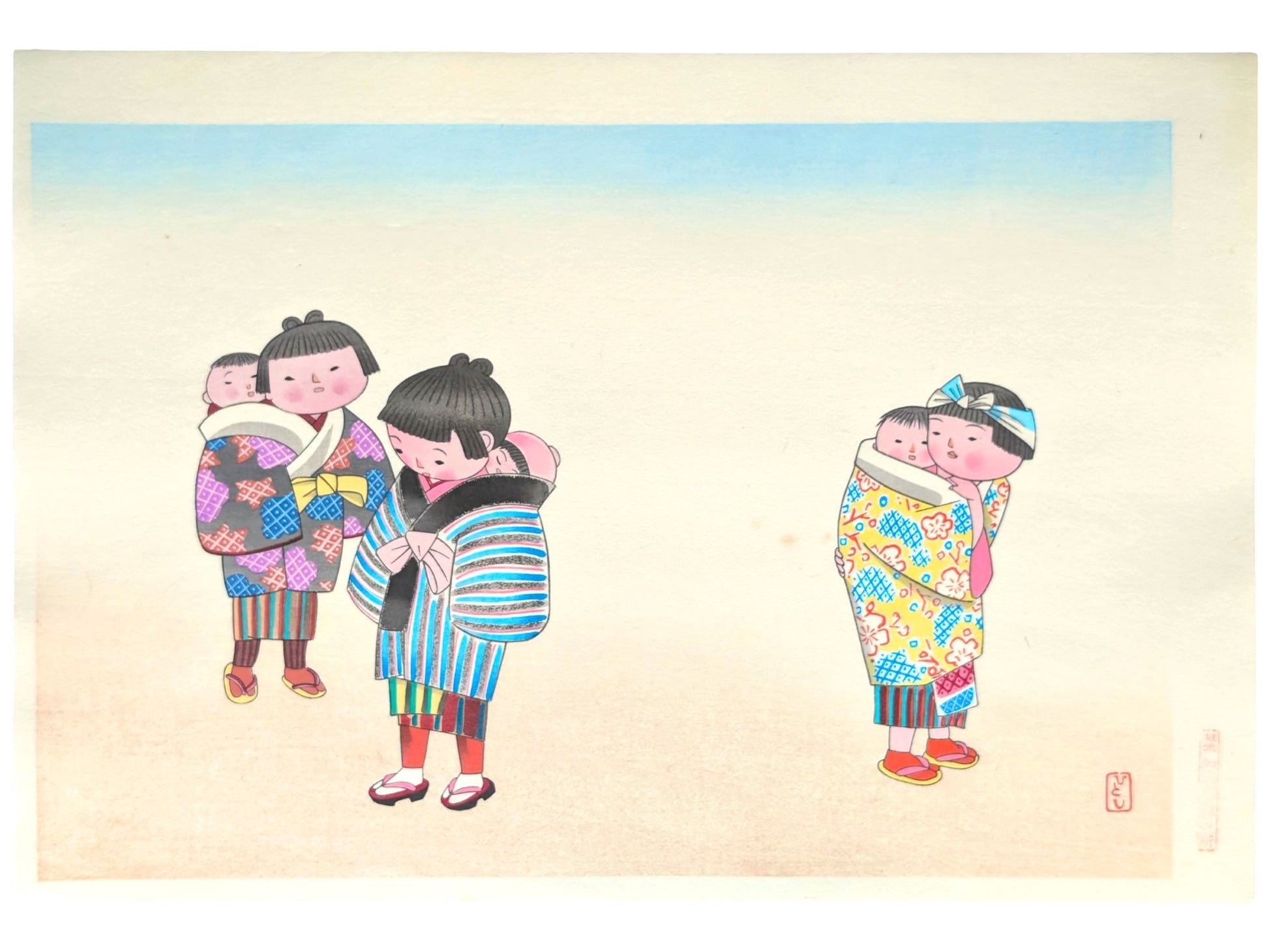 Estampe japonaise de Kiyohara Hitoshi représentant trois fillettes en kimono portant des bébés sur le dos 