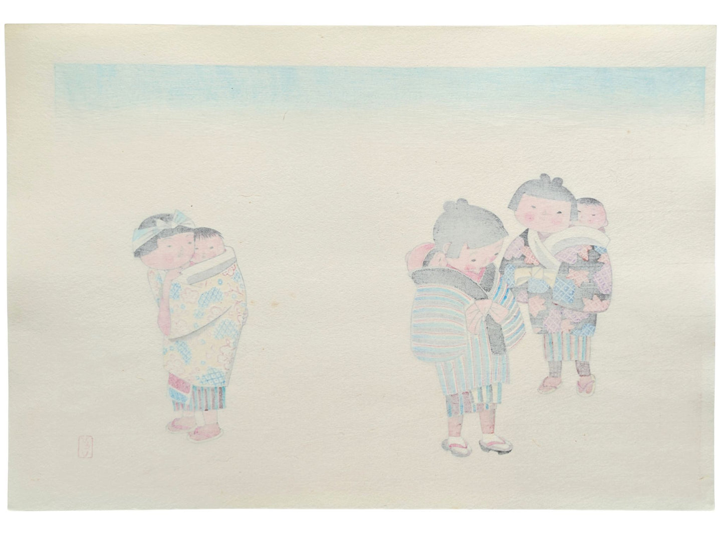 Estampe japonaise de Kiyohara Hitoshi représentant trois fillettes en kimono portant des bébés sur le dos, le verso 