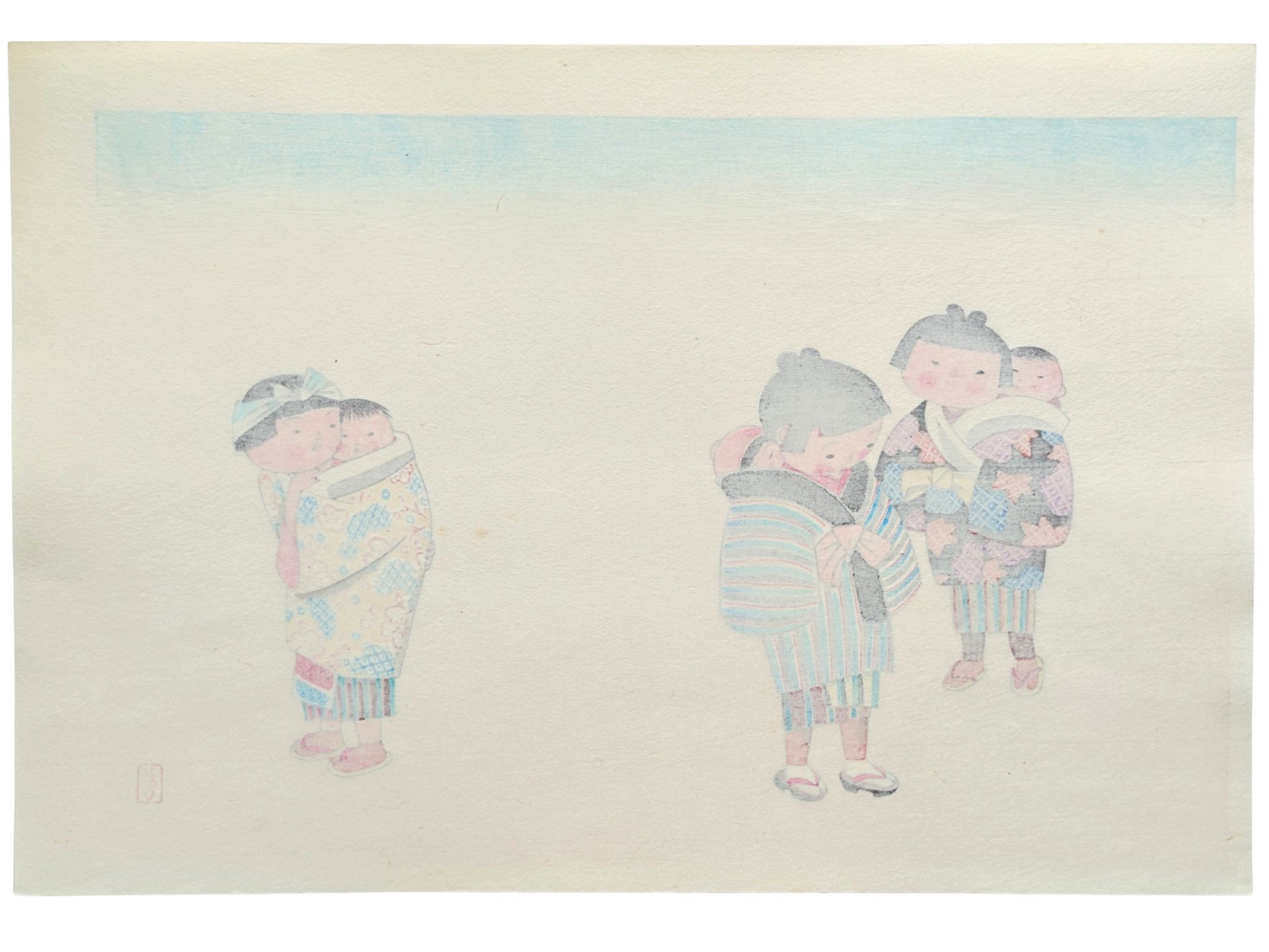 Estampe japonaise de Kiyohara Hitoshi représentant trois fillettes en kimono portant des bébés sur le dos, le verso 
