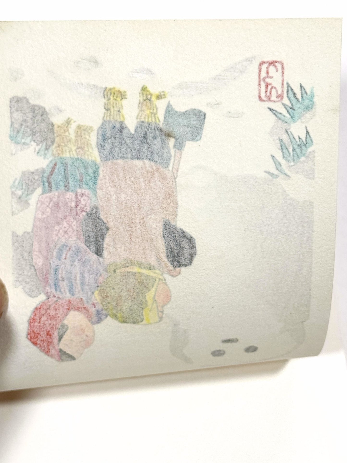 Estampe japonaise de Kiyohara Hitoshi montrant deux enfants et un bonhomme de neige dans un décor hivernal verso