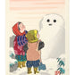 Estampe japonaise de Kiyohara Hitoshi montrant deux enfants et un bonhomme de neige dans un décor hivernal