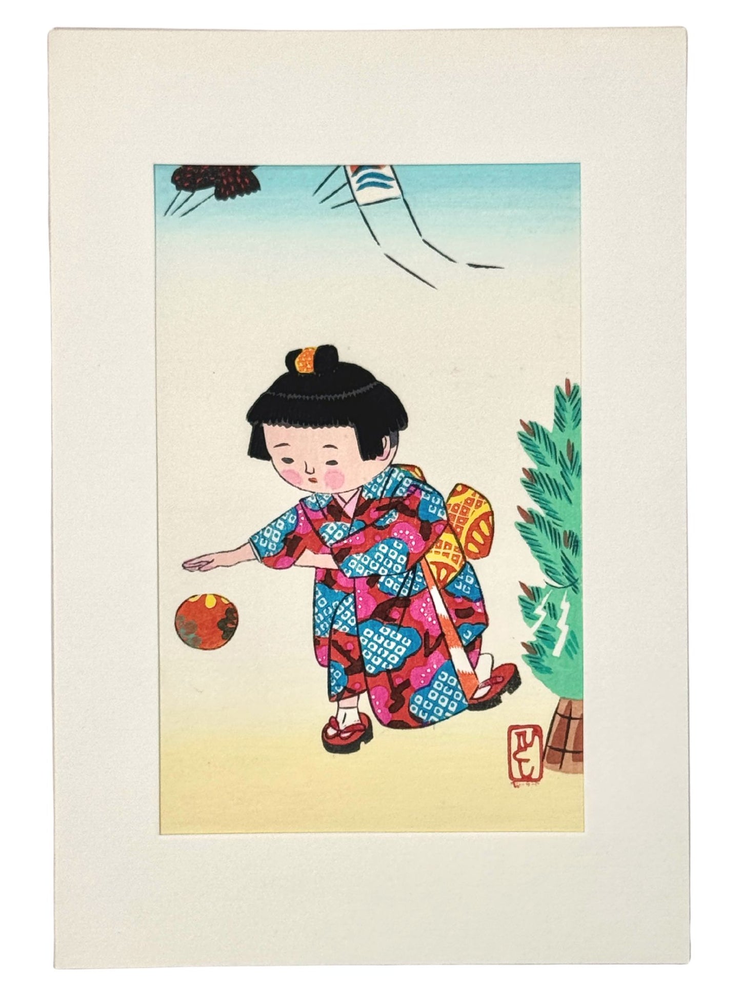 Estampe Japonaise de Kiyohara Hitoshi illustrant une enfant en kimono jouant à la balle, avec passe-partout