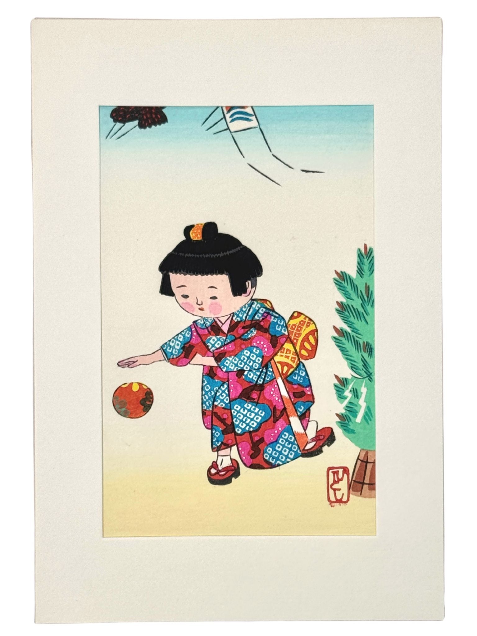 Estampe Japonaise de Kiyohara Hitoshi illustrant une enfant en kimono jouant à la balle, avec passe-partout