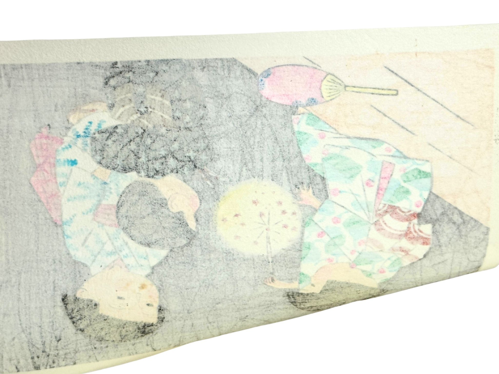 Estampe Japonaise de Kiyohara Hitoshi montrant des enfants en yukata avec jouant avec des feux d’artifice, le verso