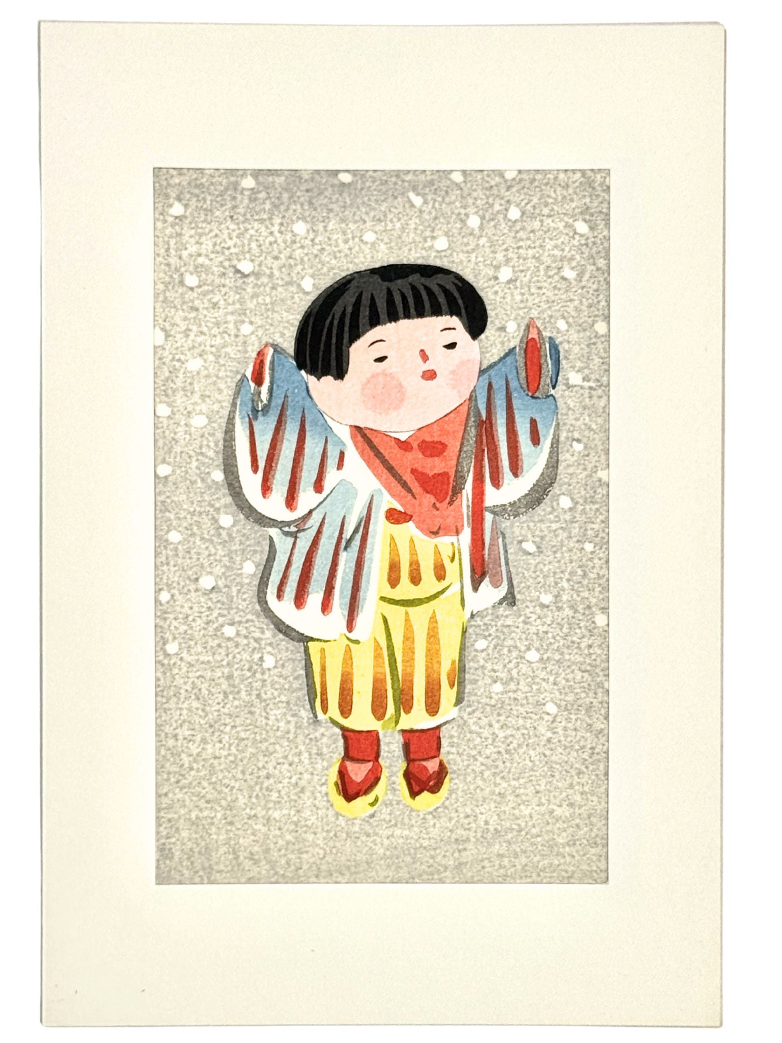 Estampe Japonaise de Kiyohara Hitoshi représentant un enfant émerveillé par la neige avec passe-partout