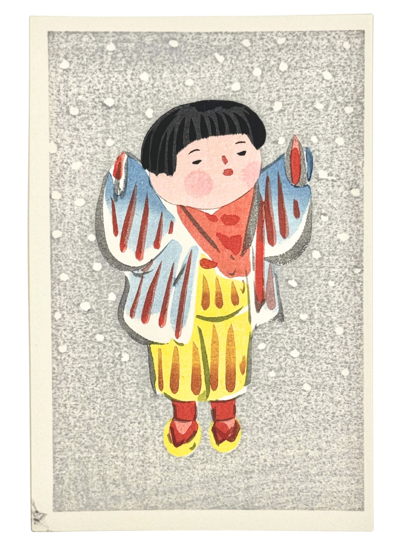 Estampe Japonaise de Kiyohara Hitoshi représentant un enfant émerveillé par la neige