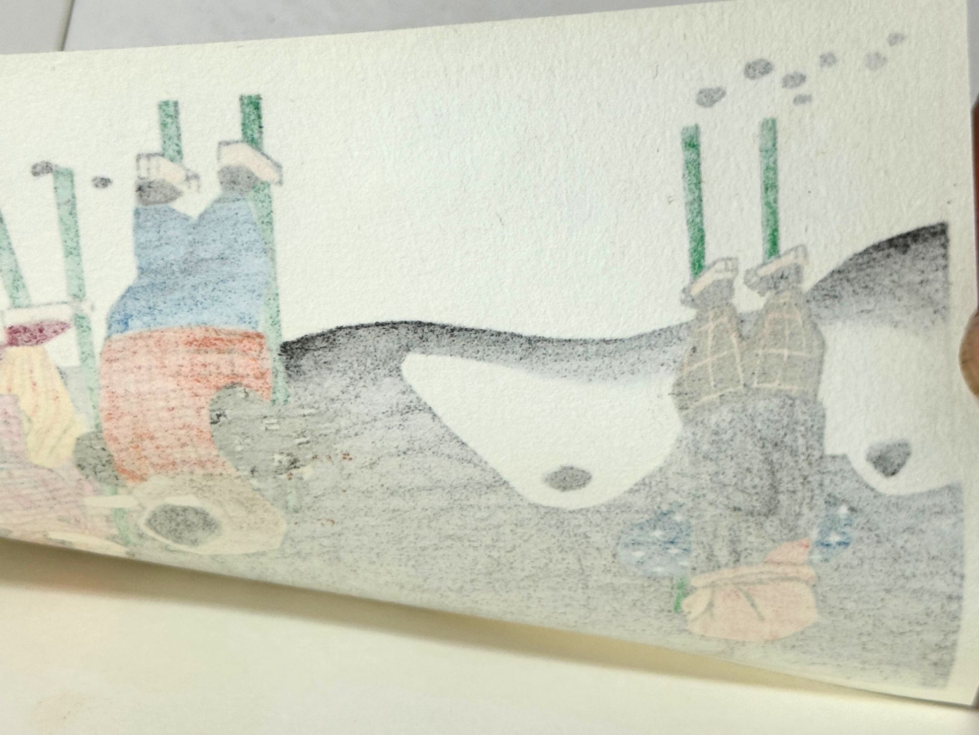 Estampe Japonaise de Kiyohara Hitoshi montrant des enfants marchant sur échasses dans la neige verso