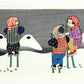 Estampe Japonaise de Kiyohara Hitoshi montrant des enfants marchant sur échasses dans la neige
