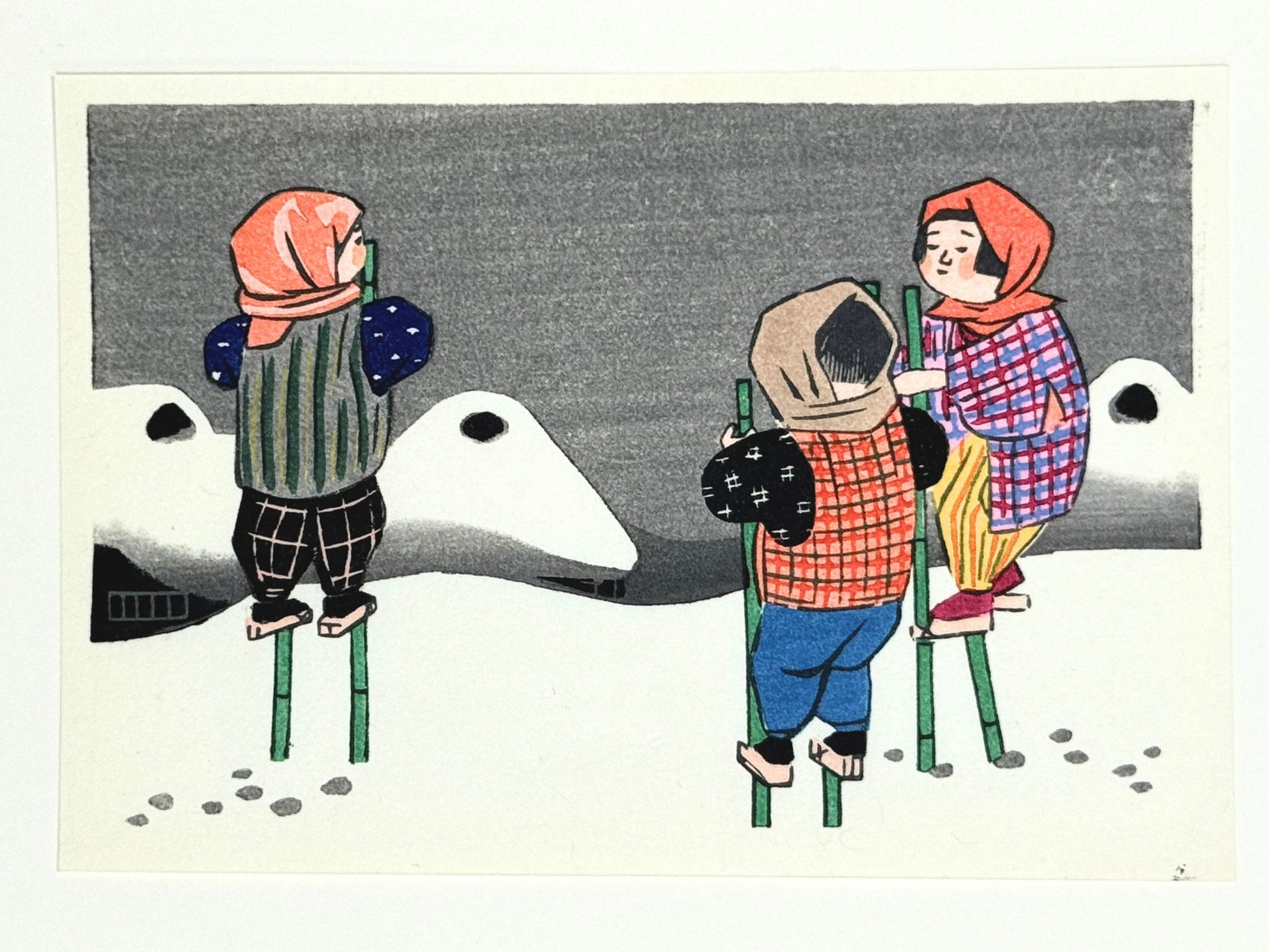 Estampe Japonaise de Kiyohara Hitoshi montrant des enfants marchant sur échasses dans la neige
