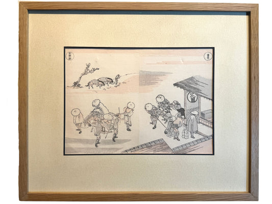 Estampe Japonaise Encadrée de Hokusai, Carnet Illustré de Voyage - Arrivée à l'auberge