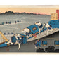 Estampe japonaise de Hokusai illustrant le poème de Fujiwara no Michinobu Ason avec des serviteurs et des voyageurs.