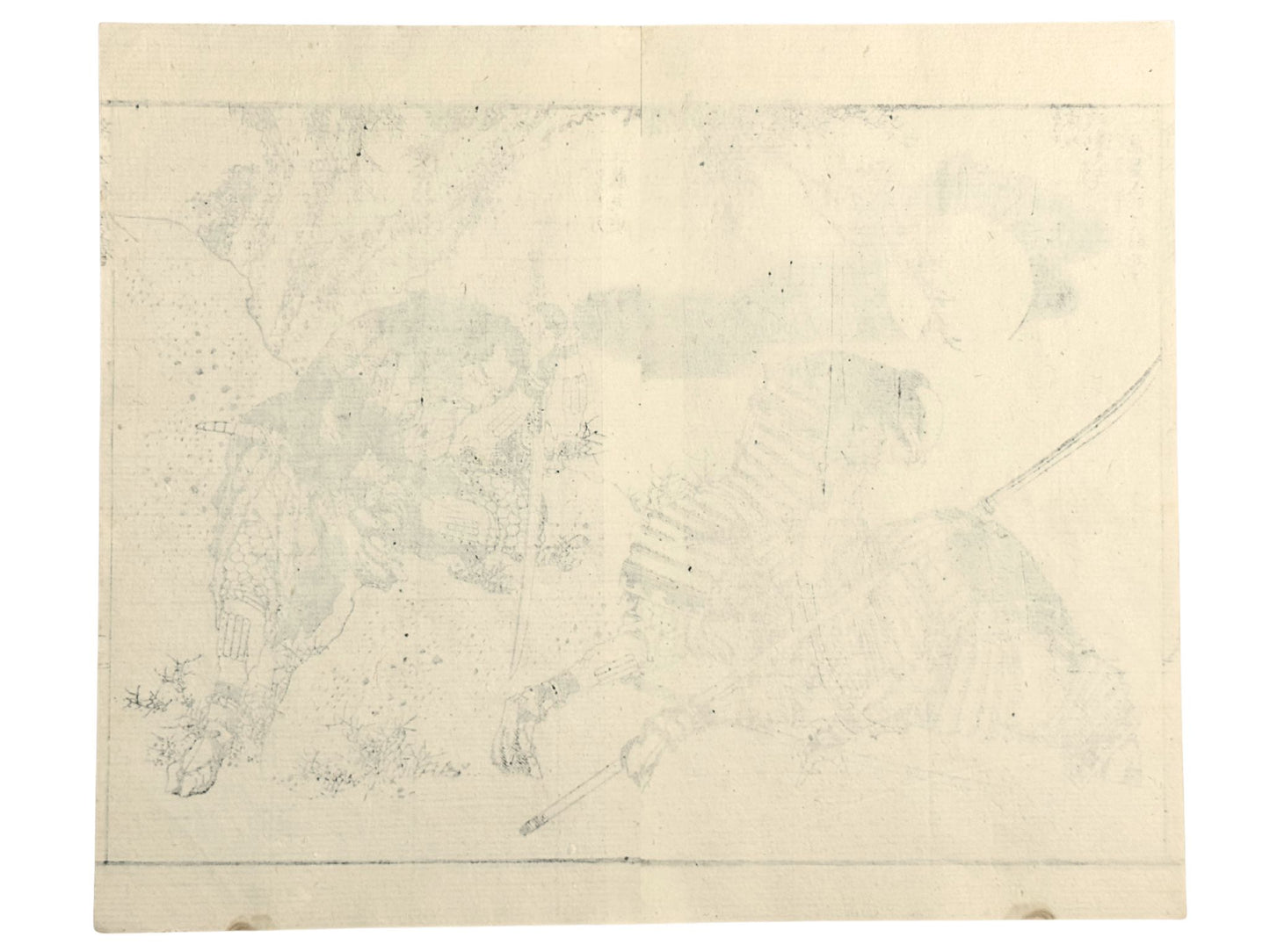Estampe Japonaise de Hokusai représentant Kudō Yoshitaka mortellement blessé avec deux autres guerriers après avoir protégé Nichiren lors de l'embuscade de Komatsubara en 1264, le verso