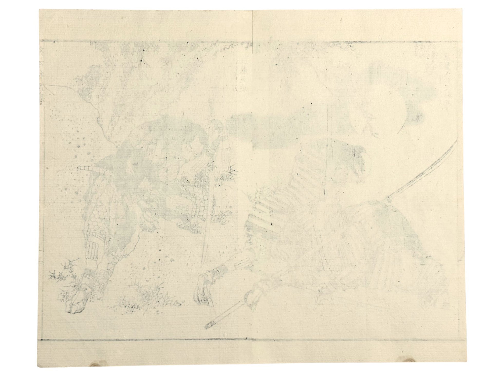 Estampe Japonaise de Hokusai représentant Kudō Yoshitaka mortellement blessé avec deux autres guerriers après avoir protégé Nichiren lors de l'embuscade de Komatsubara en 1264, le verso