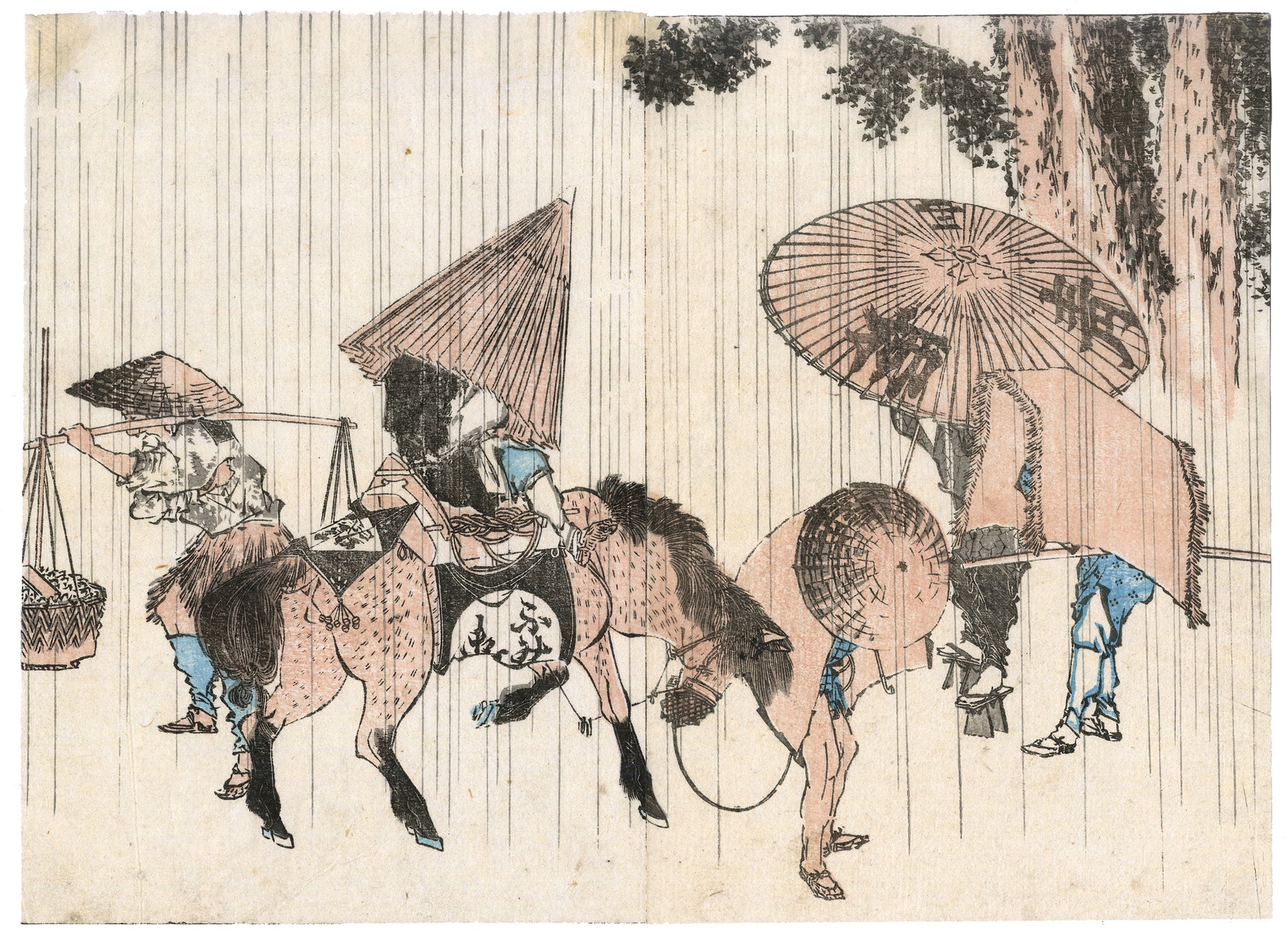 Estampe Japonaise de Hokusai issue du Hokusai Gafu volume 3 représentant des voyageurs et un cheval sous la pluie, protégés par des parapluies