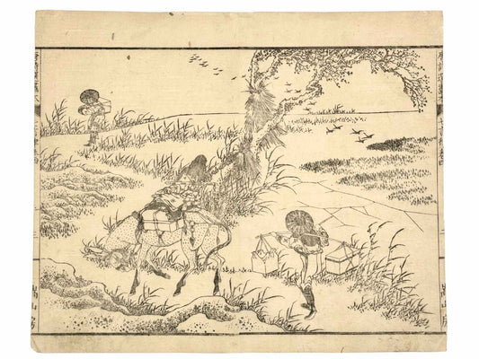 Estampe Japonaise de Hokusai représentant un voyageur à dos de mulet s'éloignant vers l'horizon à travers les marécages sous un vol d'oies sauvages