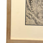 Estampe Japonaise de Hokusai représentant le guerrier Hirai Yasumasa terrassant l'araignée géante Tsuchigumo à l'aide d'une lance, angle du cadre en chêne.