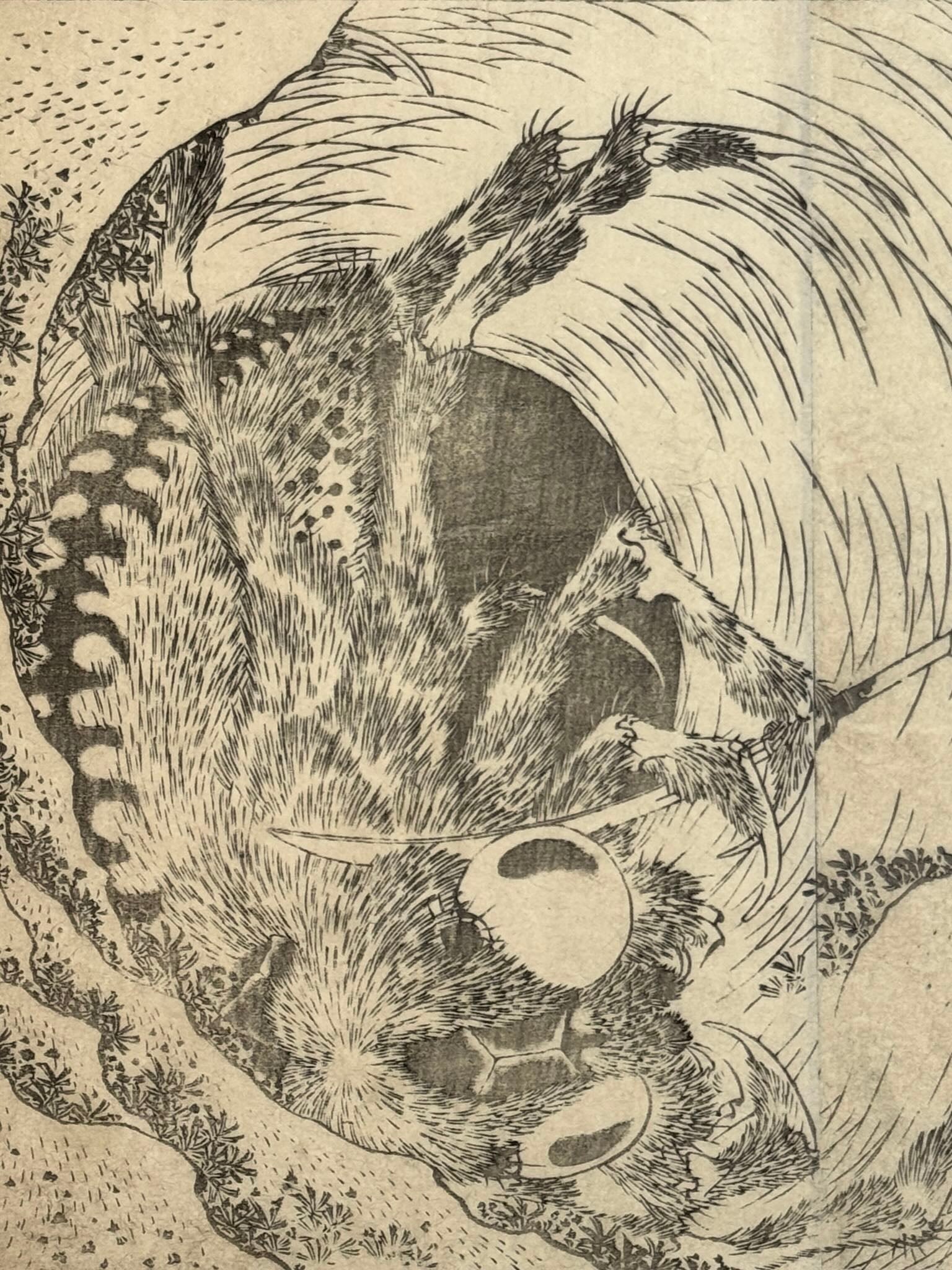 Estampe Japonaise de Hokusai représentant le guerrier Hirai Yasumasa terrassant l'araignée géante Tsuchigumo à l'aide d'une lance, détail de Tsuchigumo le monstre araignée
