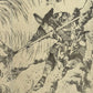 Estampe Japonaise de Hokusai représentant le guerrier Hirai Yasumasa terrassant l'araignée géante Tsuchigumo à l'aide d'une lance, détail du samourai Fujiwara no Yasumasa dit Hirai Yasumasa