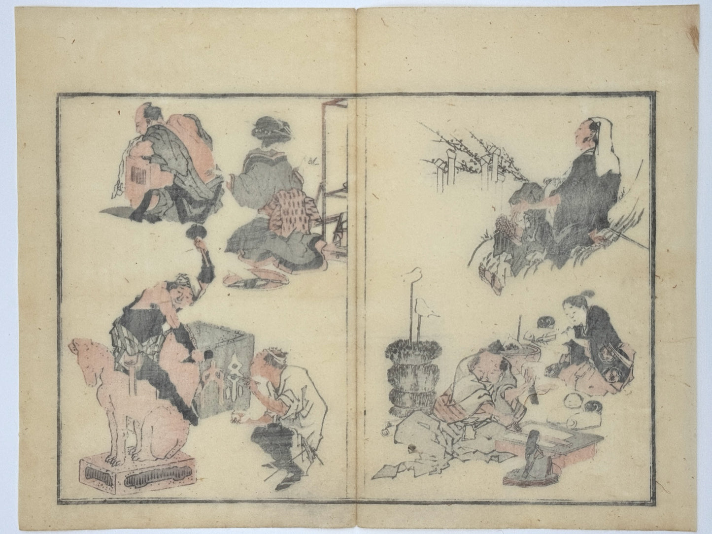 Estampe Japonaise de Hokkei Toyota, artisans de poupées, sculpteur de kitsune, renard japonais, séance de moxibustion/acuponcture, homme branche de cerisier et omikuji, papiers bonne fortune. Dos estampe
