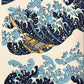 estampe japonaise de Hokusai, la grande vague de Kanagawa, gros plan sur un bateau
