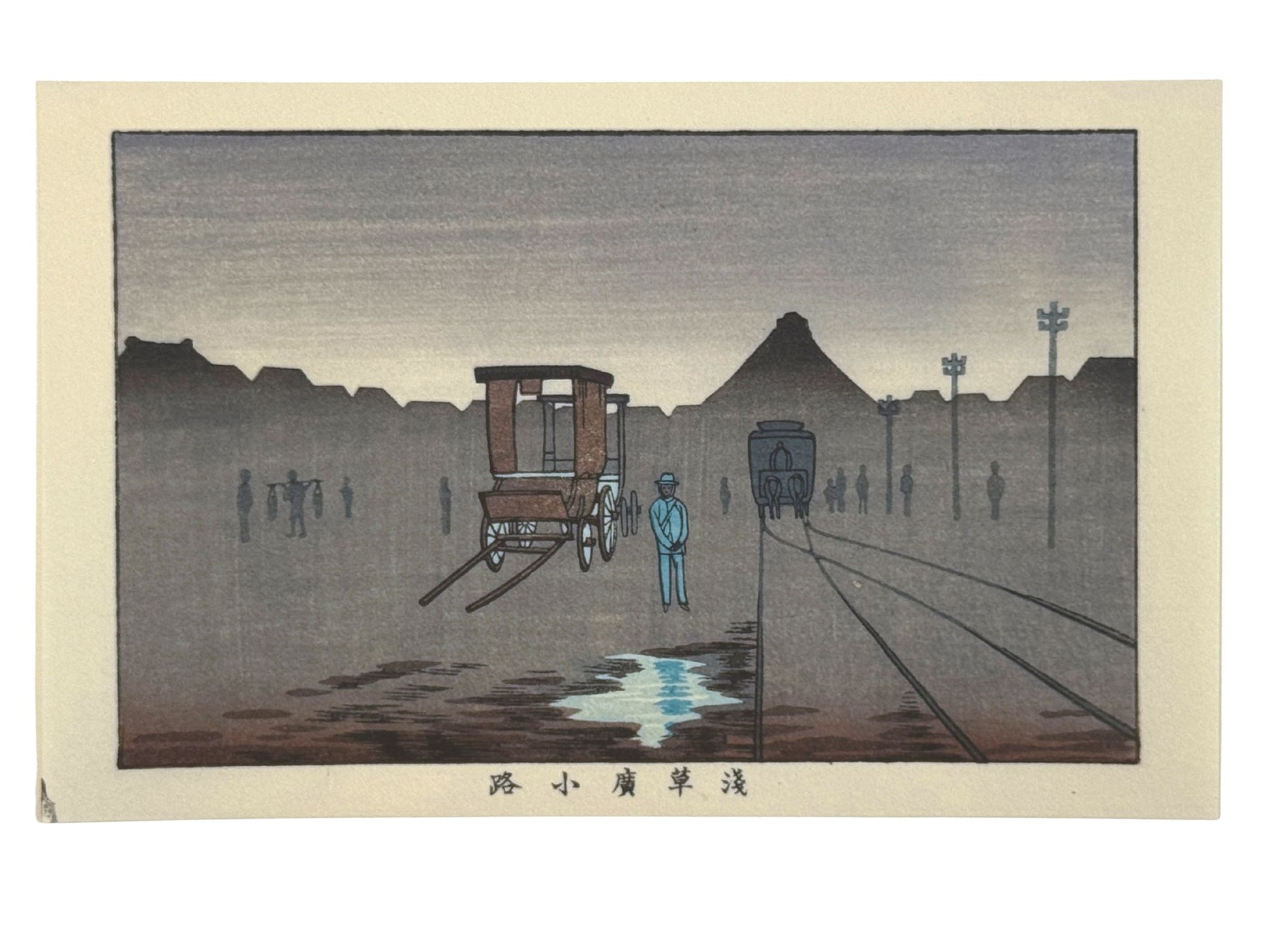 Estampe Japonaise nocturne à Asakusa avec palanquin et tramway