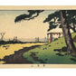 Estampe Japonaise Tokyo Meiji, colline Asukayama, Inoue Yasuji, lieux célèbres Tokyo, estampe promenade Japon, pins japonais, lanternes, mer