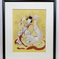 estampe japonaise encadrée dieu du bonheur Ebisu en femme avec kimono tenant une carpe koi sous son bras, avec un cadre noir