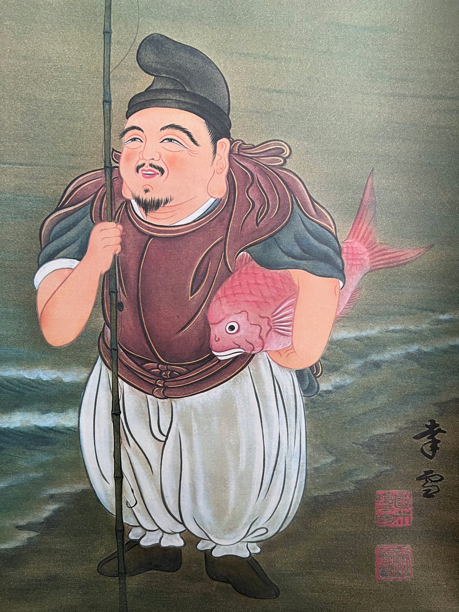 kakejiku Dieux du bonheur, Ebisu avec un poisson sous le bras