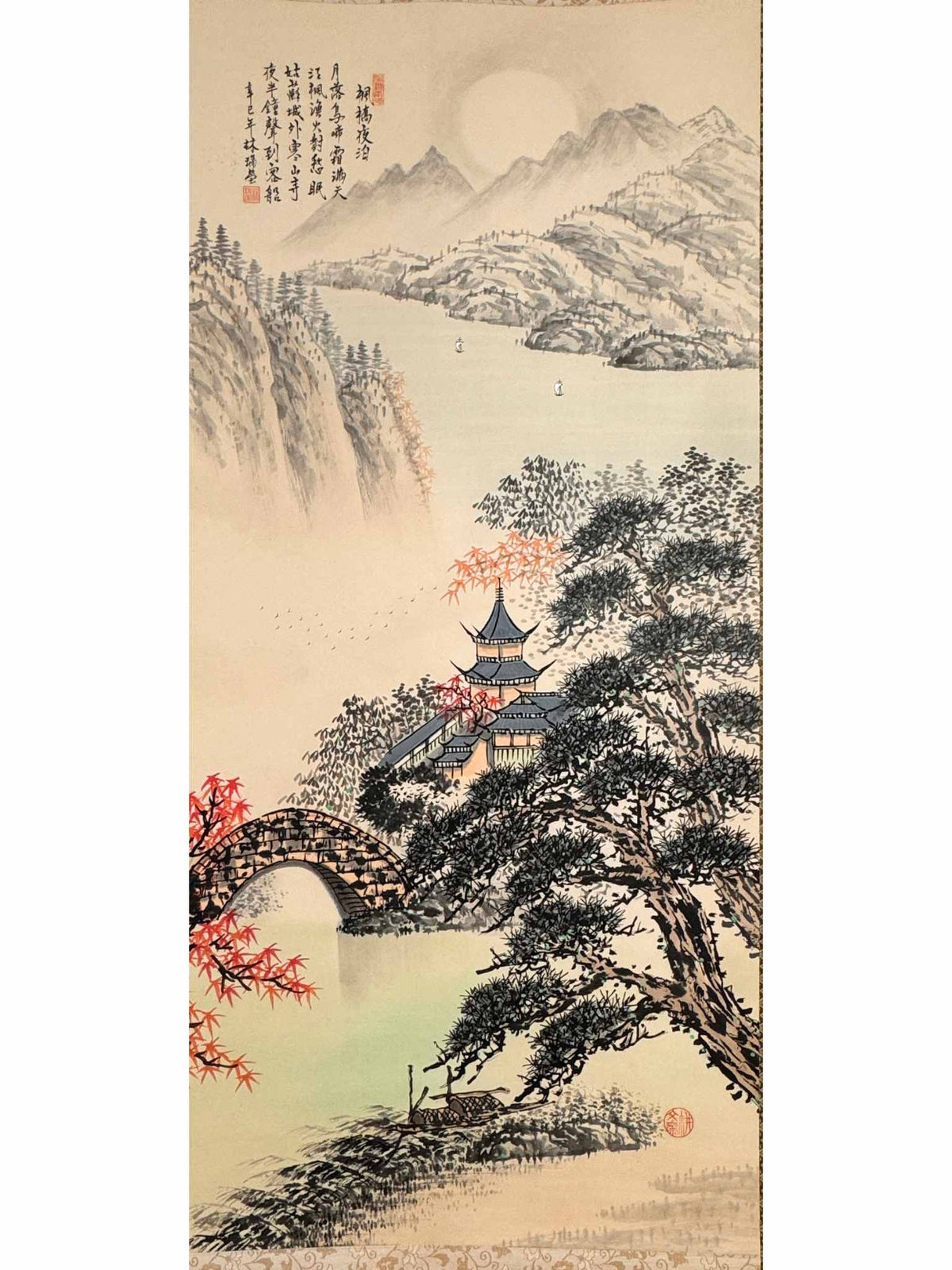 kakejiku paysage automne temple, detail motif