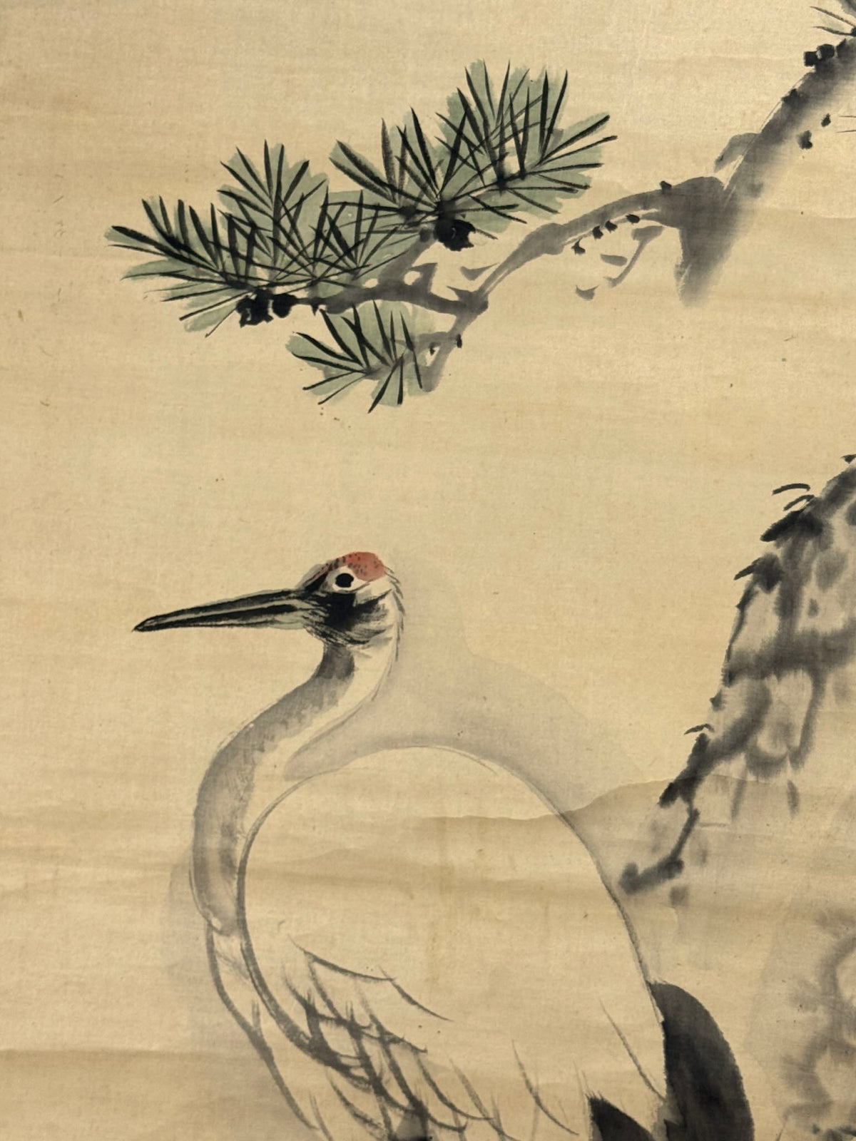 Kakejiku ancien d’Ueda Kōho représentant une grue sous un pin, gros plan sur la tête de l'oiseau et ma branche de pin