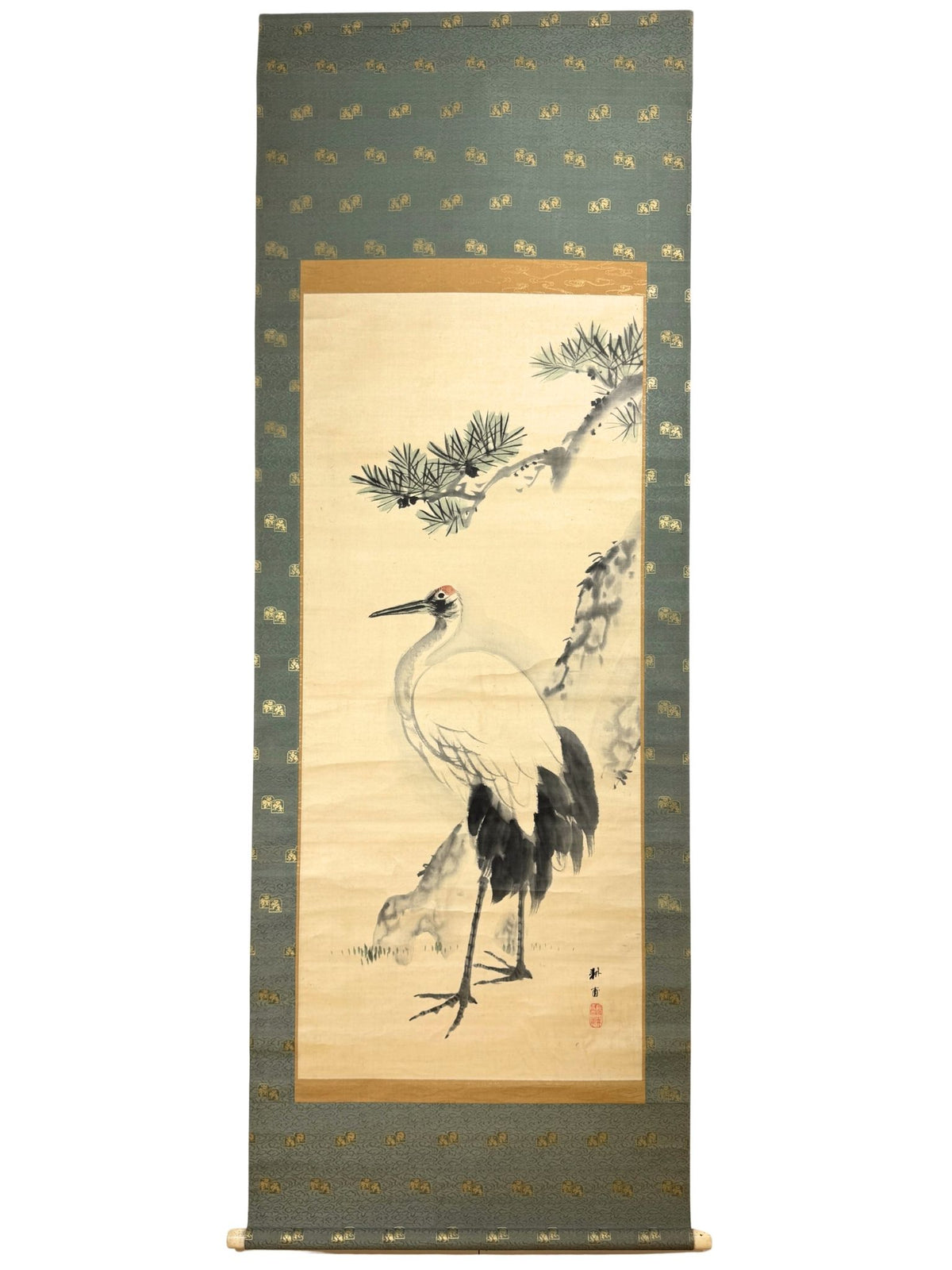Kakejiku ancien d’Ueda Kōho représentant une grue sous un pin.