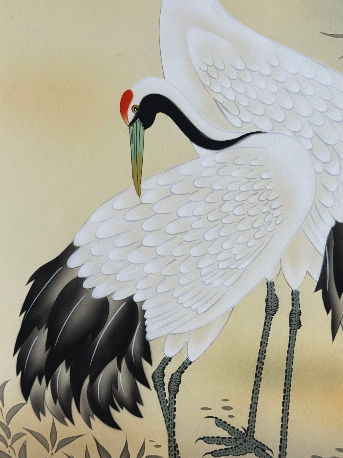 Kakejiku grues coucher du soleil et pins, vue detail grues