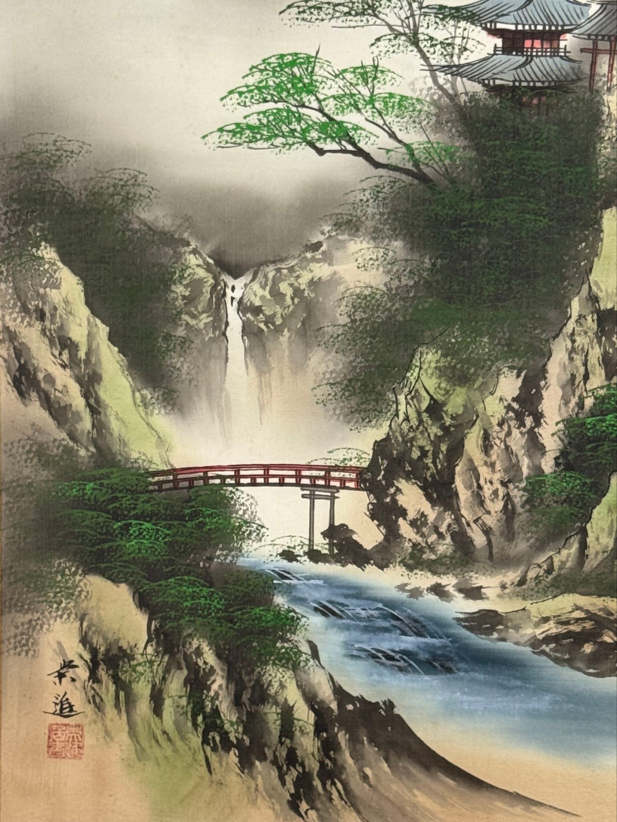 Kakejiku japonais avec montagnes, pagode, cascade et pont rouge, gros plan sur le pont