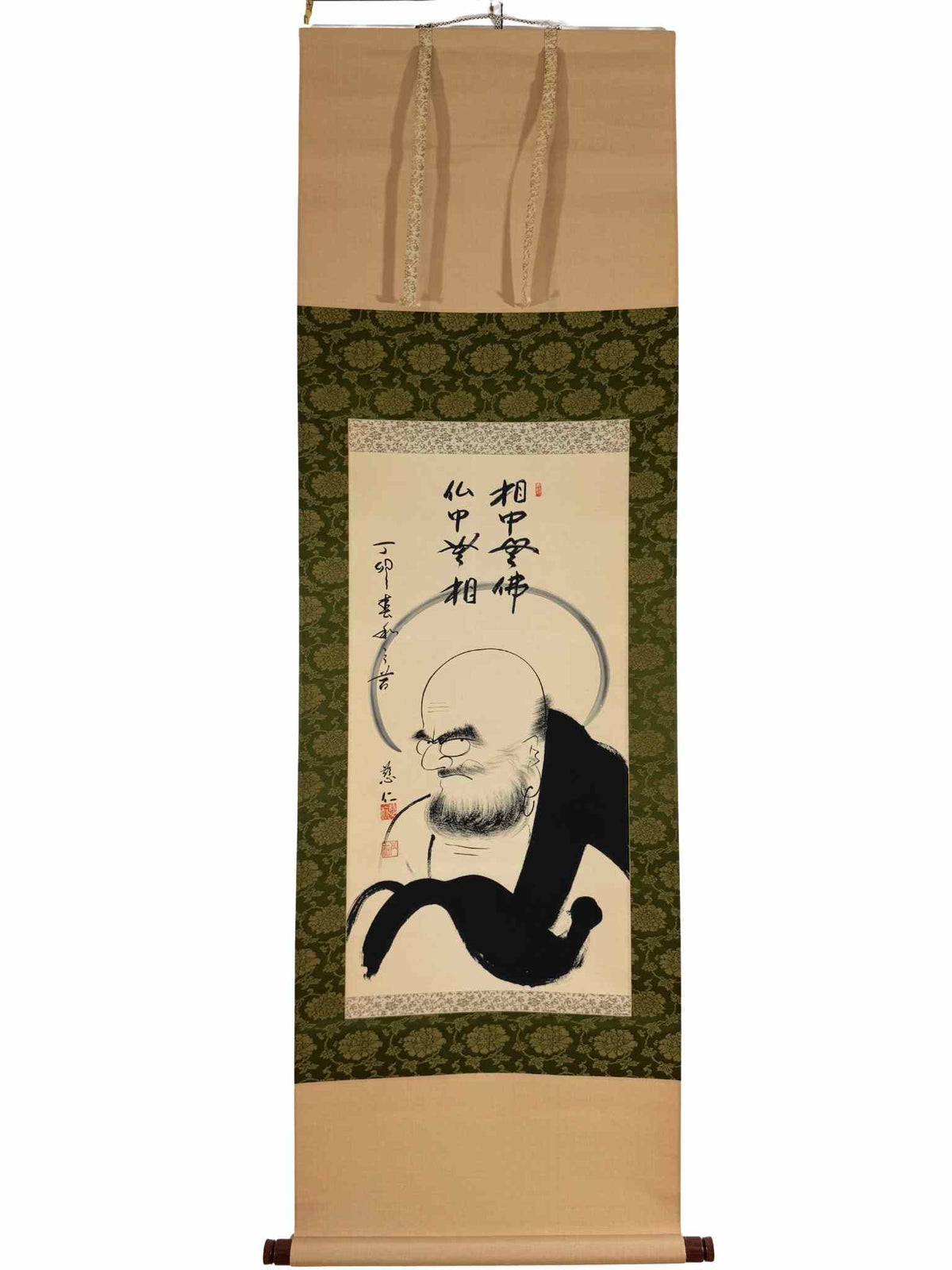 Kakejiku ancien représentant Daruma avec ensō et calligraphie zen.