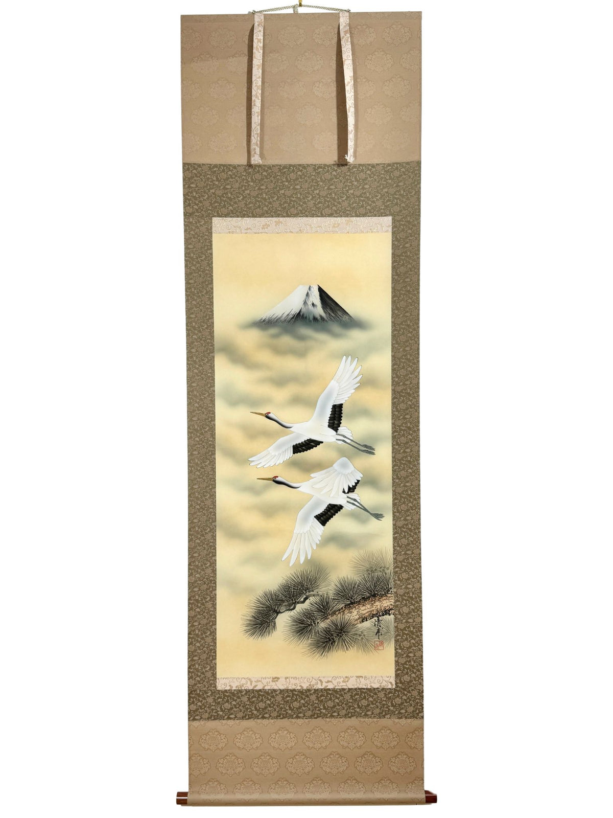 Kakejiku ancien – Deux grues en vol devant le mont Fuji