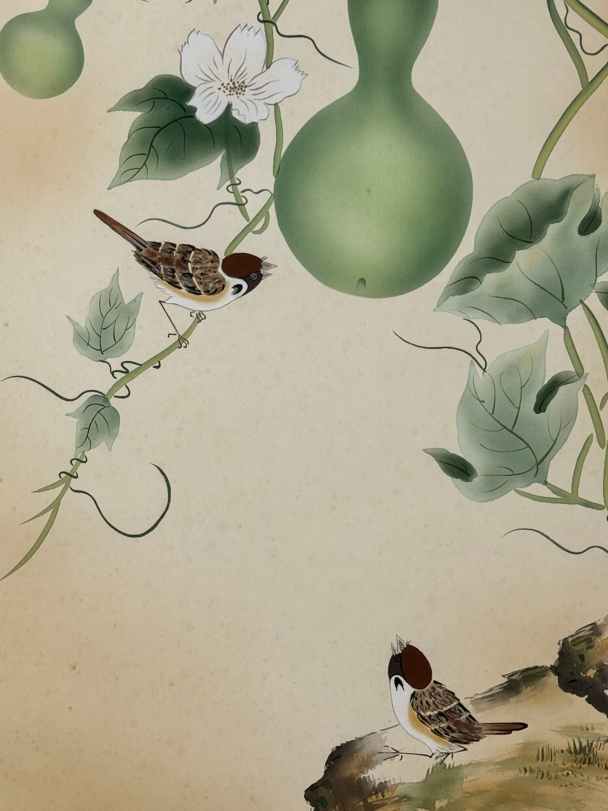Kakejiku de Nakayama Jin aux six calebasses et deux moineaux., gros plan sur un moineua une fleur et une courge