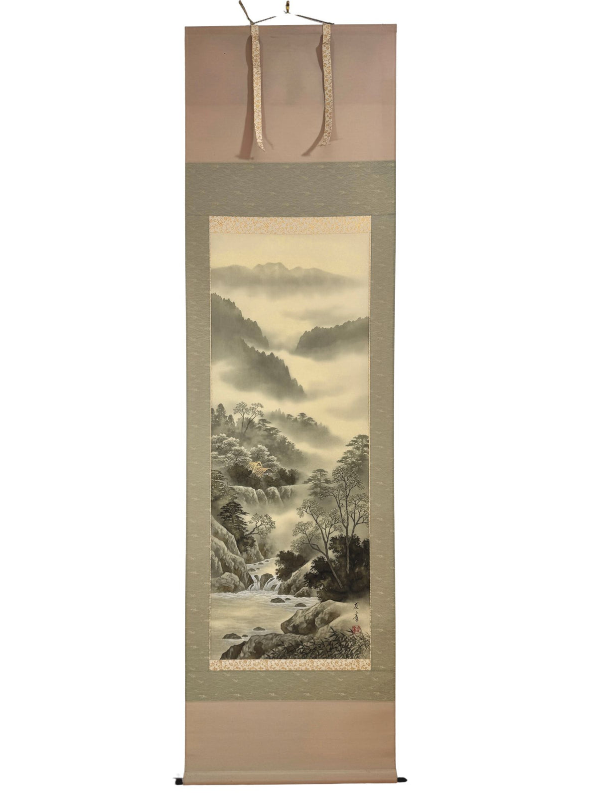 Kakejiku ancien de Tomoaki – Paysage de montagne et cascade sur soie