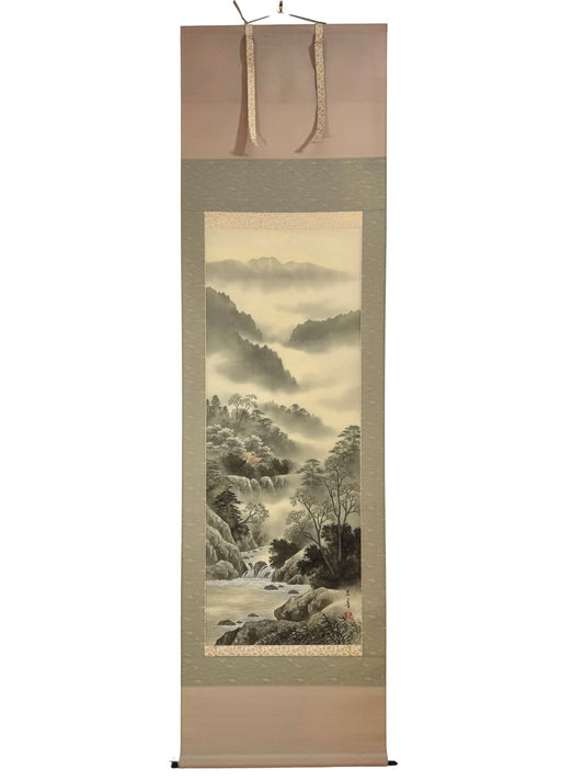 Kakejiku ancien de Tomoaki - Paysage de montagne et cascade sur soie