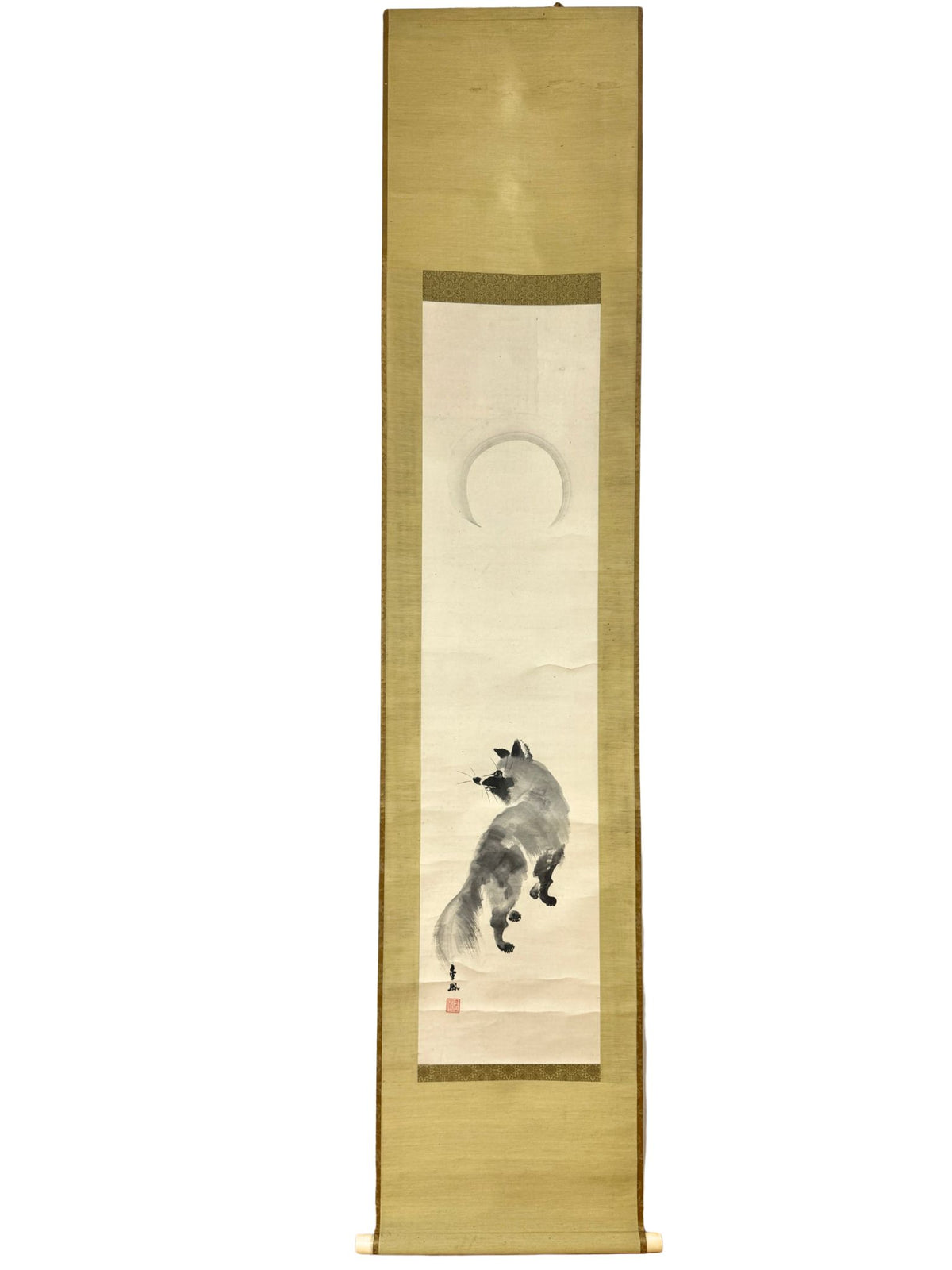 akejiku de Mochizuki Kinpō représentant un tanuki sous la lune.