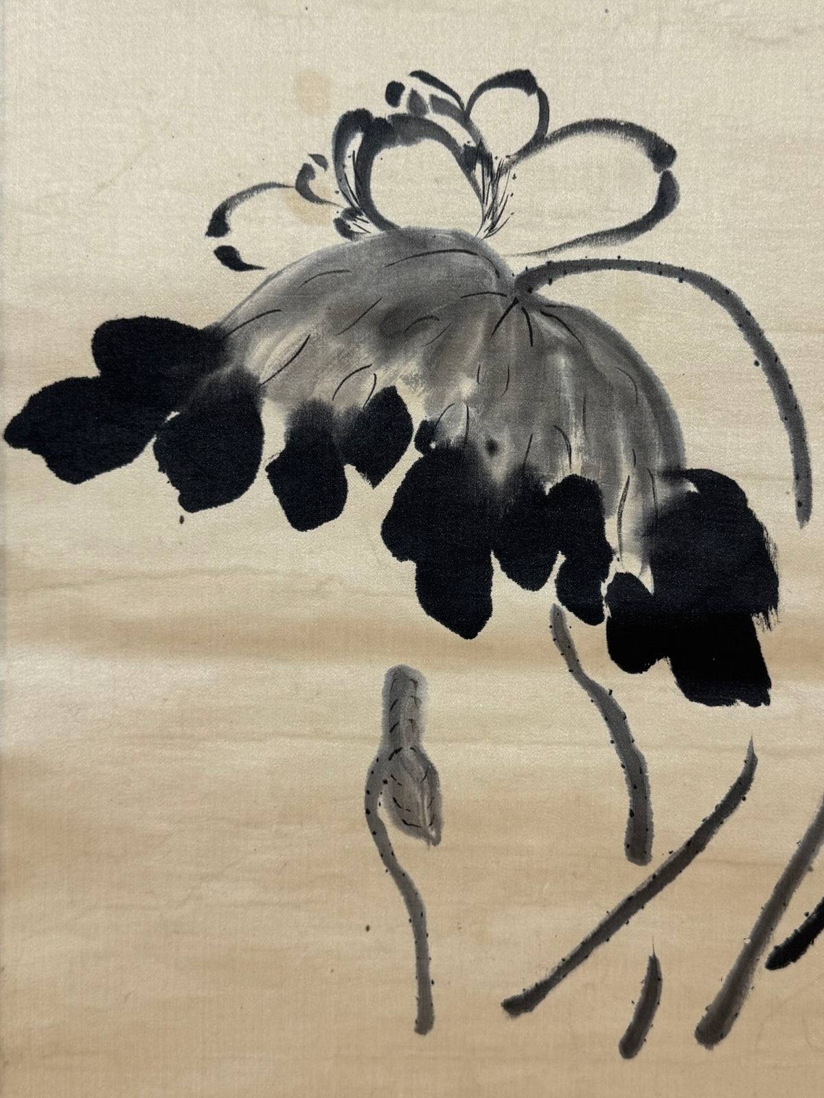 Kakejiku japonais de 1910 avec lotus à l’encre et calligraphie, gros plan sur la fleur