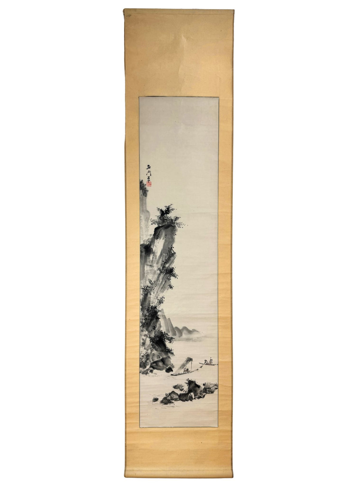 Kakejiku sumi-e avec falaise et pêcheurs en barque.