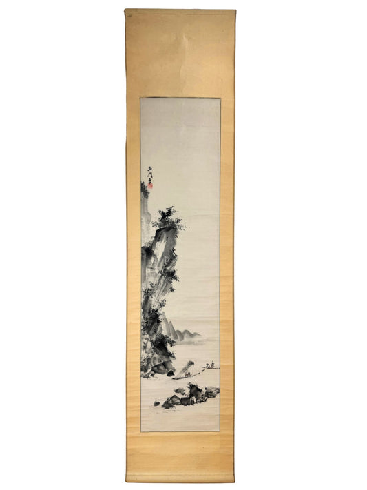 Kakejiku sumi-e avec falaise et pêcheurs en barque.