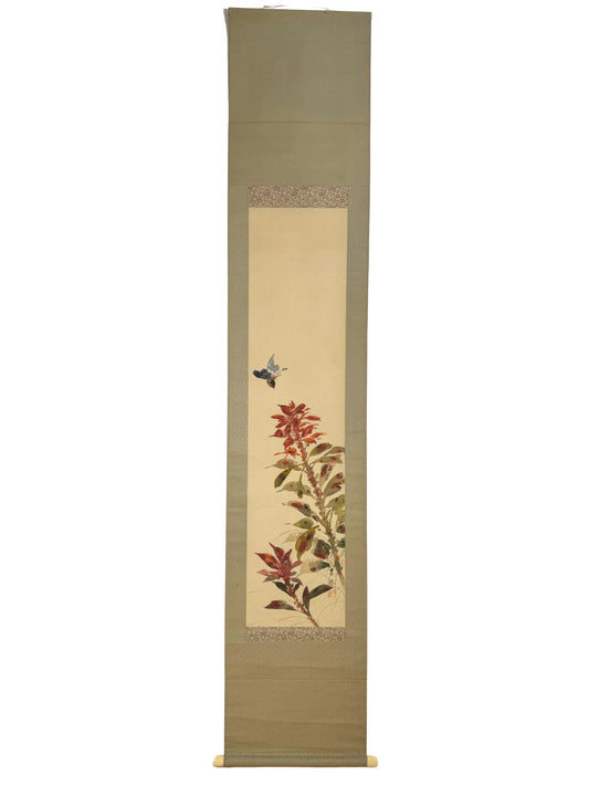 Kakejiku de Hirafuku Hyakusui avec oiseau et feuillages d’automne.