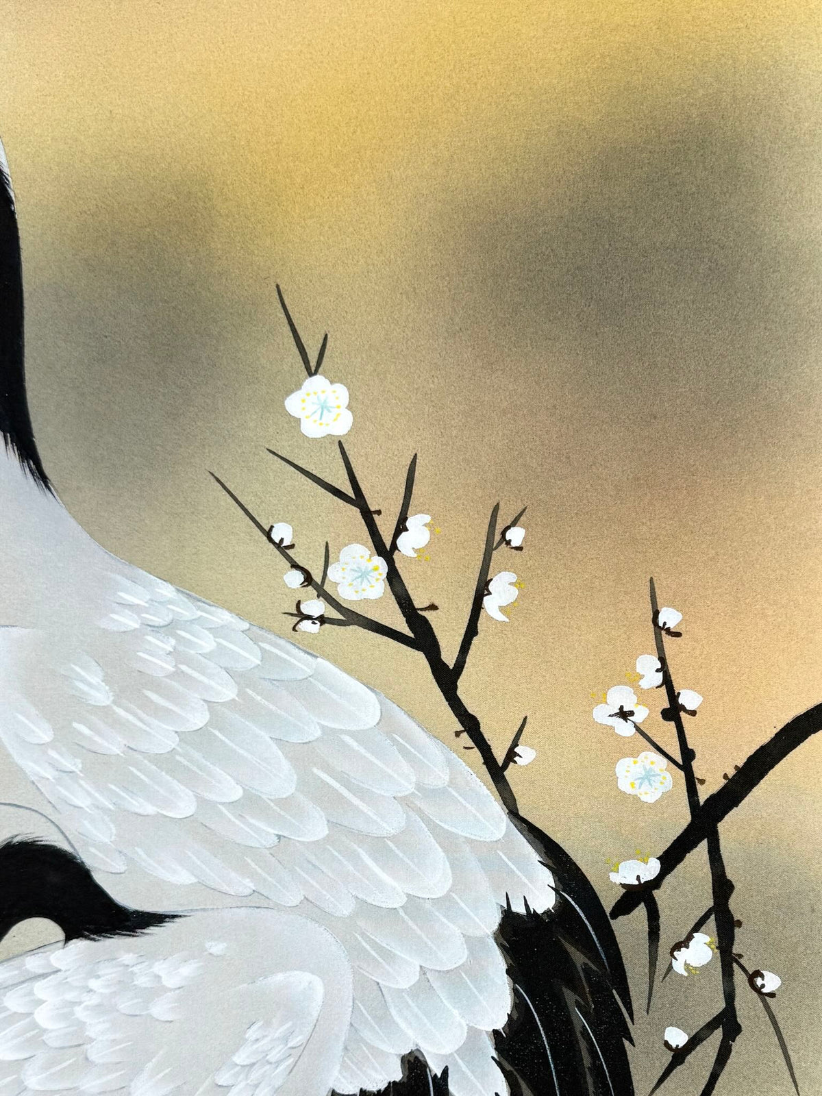 Kakejiku japonais avec deux grues et tortues minogame sous un pin au lever du soleil rouge, gros plan sur le plumage et le prunier en fleur