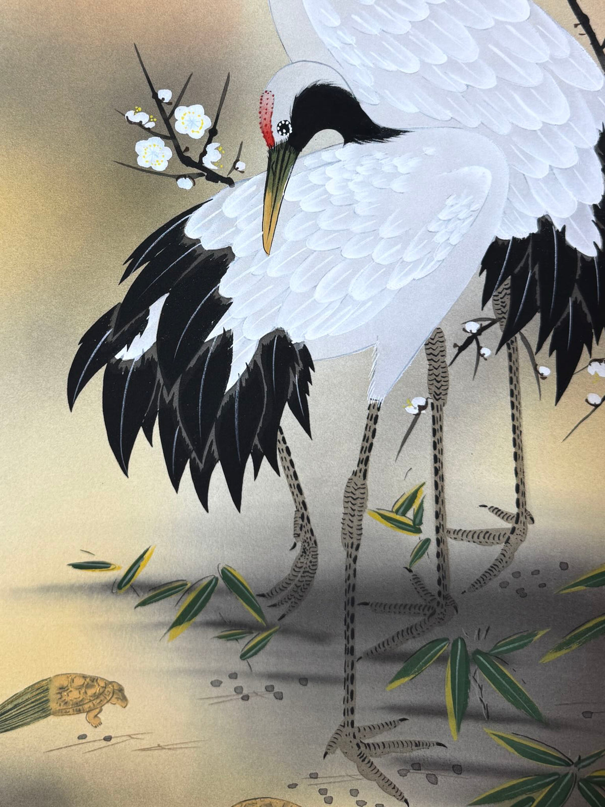 Kakejiku japonais avec deux grues et tortues minogame sous un pin au lever du soleil rouge, gros plan sur l'oiseau tête courbée